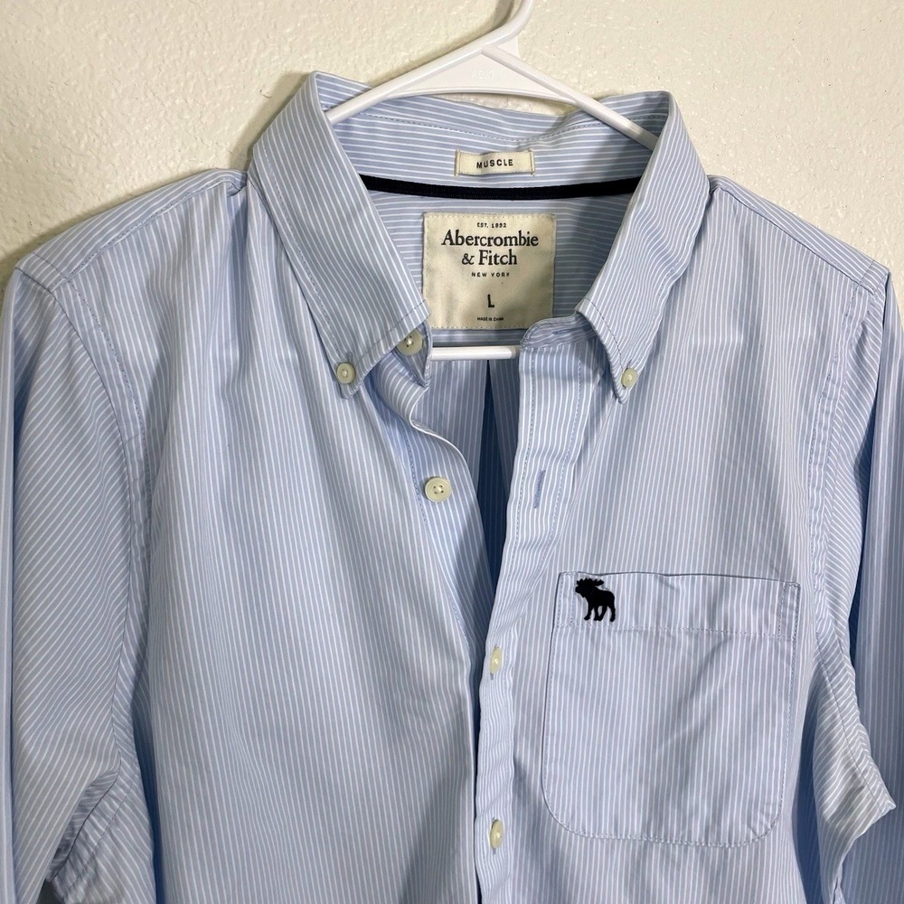 Y2K Abercrombie & Fitch Men's‎ Large Muscle Fit Blue Striped Long Sleeve  Cotton